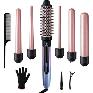 Homfu 6 in 1 Curling Iron Hair Curling Wand Set with Curling Brush and 5 Interchangeable Ceramic Curling Wand(0.35”-1.25”) Tourmaline Hair Curler Instant Heat Up Curling Iron for Long Hair Women